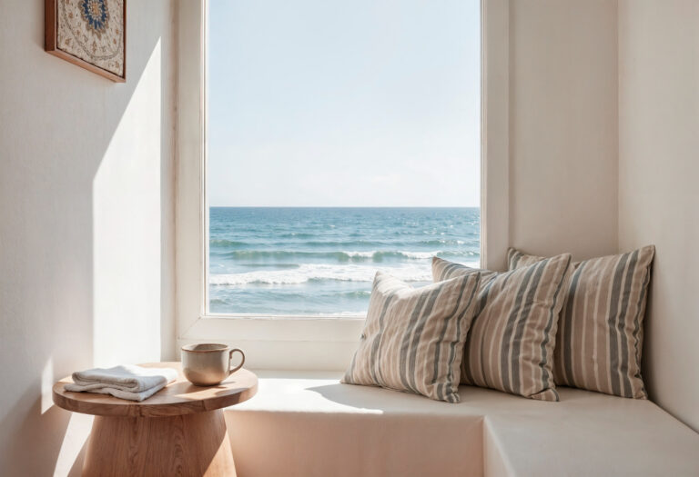Angolo lettura di una casa vacanza con vista sul mare, cuscini e asciugamani piegati